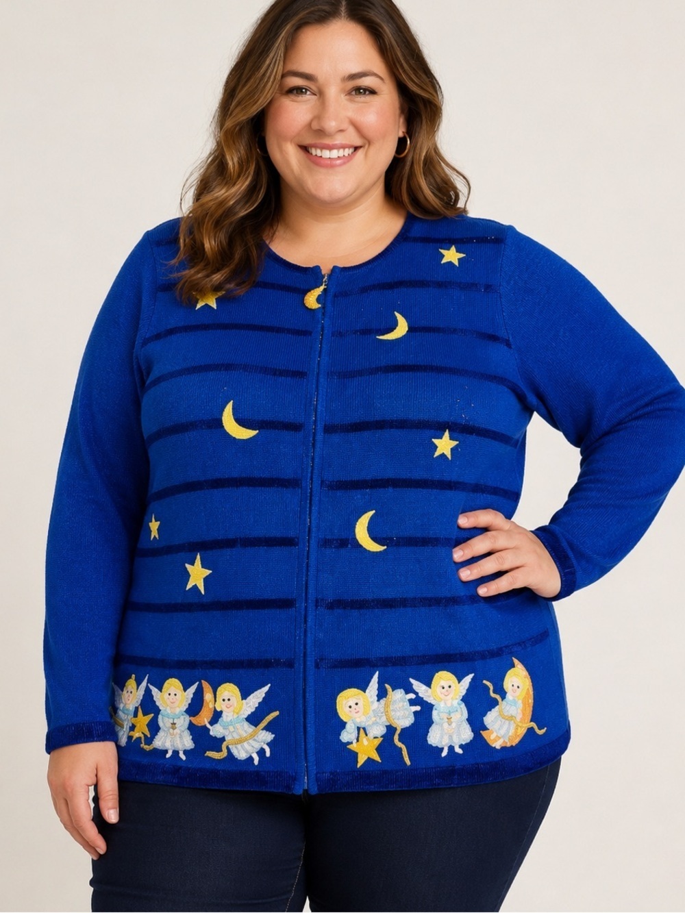 Quacker Factory Women's Vintage Celestial Cardigan Sweater 1X Angels Whimsical
